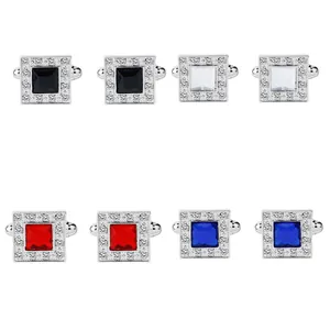 Square silver cufflinks for men with center gemstone and sparkling crystal border