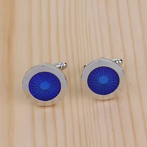 Classic silver round cufflinks with deep blue enamel radial pattern for men's suits
