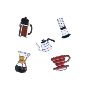 5-piece coffee brewing tools enamel pin set featuring Chemex, Aeropress, and V60 dripper