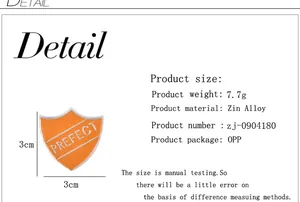 Detailed view of orange shield brooch with PREFECT text, 3x3cm zinc alloy badge specifications