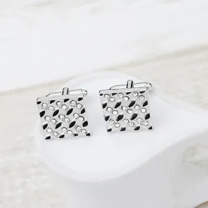 Square silver cufflinks for men with sparkling rhinestones and black enamel textures