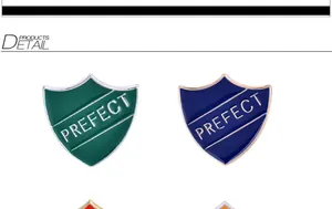Detail of shield-shaped enamel pins with Prefect lettering in green and blue finish