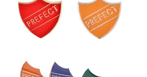 Detail view of shield-shaped enamel pins in red, orange, blue and green with gold metal edge