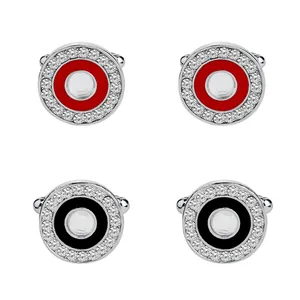 Classic round silver cufflinks with red and black enamel centers and diamond accents