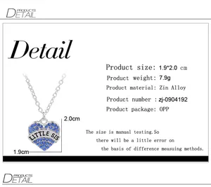 Detail showing Little Sis heart pendant dimensions and blue crystal inlay specifications
