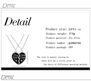 Detail view of heart-shaped Big Sister and Little Sister necklaces with size specifications