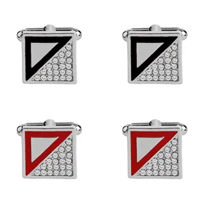 Square French cufflinks for men with black or red enamel and sparkling rhinestones