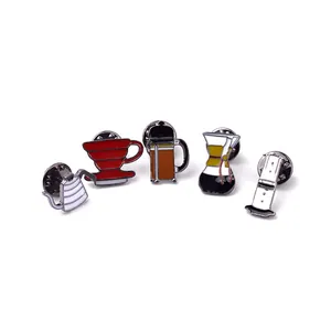 Five-piece coffee brewer enamel pin set featuring kettle dripper and moka pot designs