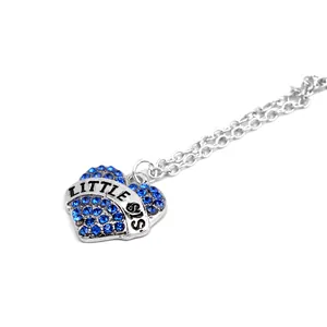 Silver heart necklace with blue rhinestones and Little Sis engraving for sisters