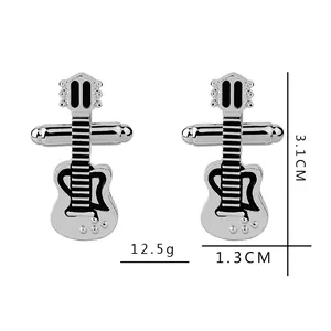 Silver guitar cufflinks with black enamel details and precise product dimensions