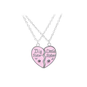 Big Sister Little Sister pink heart pendant necklaces set with rhinestones and silver chains