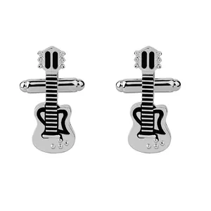 Vintage Guitar Shaped Men's Cufflinks Silver Alloy Metal Black Enamel Musical Instrument Shirt Accessories For Wedding Banquet