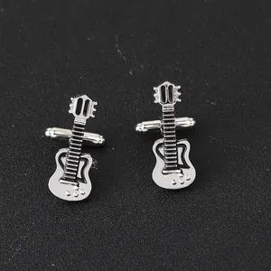 Men's stylish guitar cufflinks in silver and black enamel with T-back closure