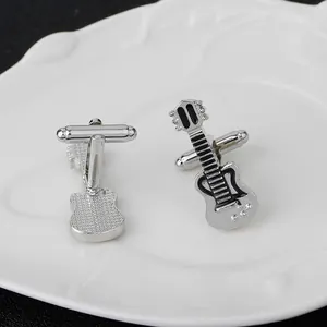 Classic silver guitar shaped cufflinks with black enamel inlay for men shirt accessories