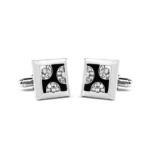 Men's square silver cufflinks with black enamel and crystal inlay for formal shirts
