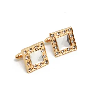 Elegant pair of gold square cufflinks with sparkling cubic zirconia and T-back closure