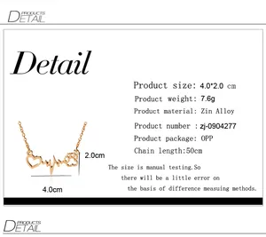 Detailed size specifications for the rose gold heart and paw print ECG pendant necklace