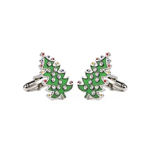 Christmas tree cufflinks with green enamel and colorful rhinestones on silver metal base