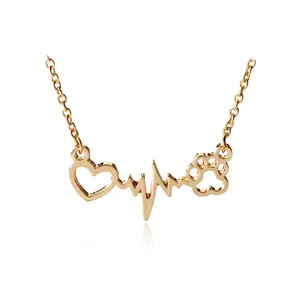 Minimalist Alloy Heart Heartbeat Paw Print Pendant Necklace For Women Girls Pet Lover Jewelry Gold Silver Rose Gold Gift