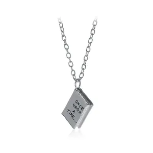 Literary Silver Alloy Book Pendant Necklace Once Upon A Time Engraved Storybook Jewelry Gift For Women Teen Girls