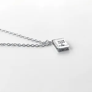 Silver square book pendant necklace featuring Once Upon A Time engraved detail