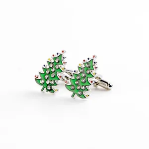 Elegant Christmas tree cufflinks with green enamel and sparkling rhinestones on silver metal