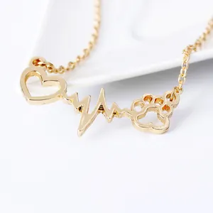 Detailed close-up of golden heart and paw print pendant with EKG line design