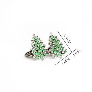 Festive green enamel Christmas tree cufflinks with rhinestones, 2.4cm height dimensions