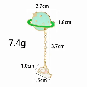 Detailed dimension guide for mint green planet and white rabbit enamel brooch set