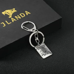 Detailed view of silver key ring with father and son punch engraving on metal tag