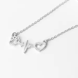 Detailed view of silver heart and paw print pendant on a delicate O-link chain