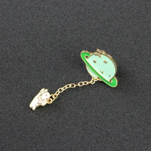 Cartoon planet and white rabbit chain brooch in mint green enamel and gold finish