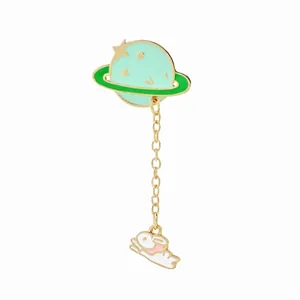 Creative Alloy Enamel Cartoon Planet Rabbit Chain Brooch Pin Gold Mint Green Jewelry For Women Kids Clothing Accessories