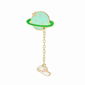 Enamel mint green planet and bunny pendant brooch with golden star and chain