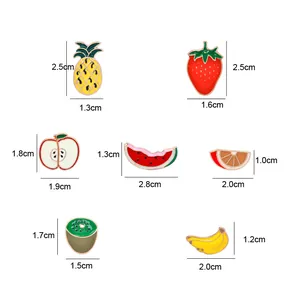 Detailed chart showing exact dimensions of colorful enamel fruit lapel pins in cm