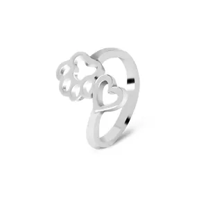 Anello aperto argento minimalista con cuore cavo e impronte di zampe per donne
