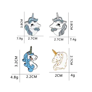 Cartoon unicorn enamel pins set in various colors with size and weight specifications