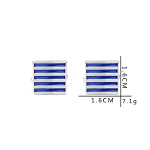 Silver square cufflinks for men featuring five parallel royal blue enamel stripes