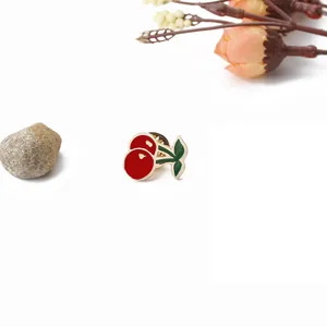 Creative red cherry enamel brooch pin with gold metal base for summer shirts