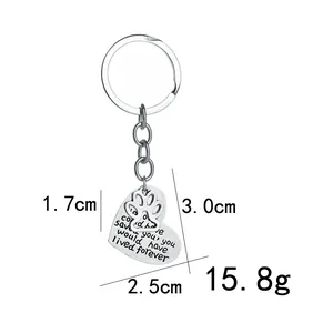 Silver stainless steel heart keychain with paw pendant and memorial engraving