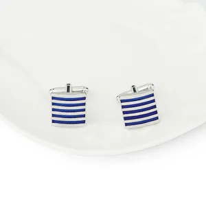 Mens square silver and blue striped cufflinks with a polished finish and bullet back