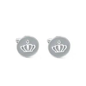 Detail of silver crown cufflinks with grey matte finish and standard swivel back closure