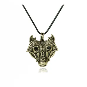 Vintage bronze wolf head pendant necklace with Nordic Celtic knot patterns and black cord
