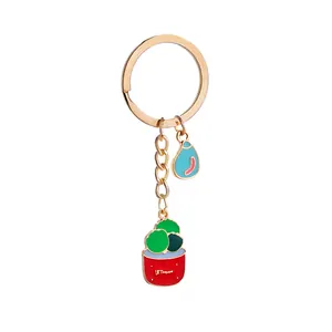 Cartoon cactus succulent plant keychain with enamel dripping oil gold metal charm