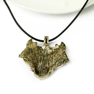 Macro detail of alloy wolf head pendant with vintage bronze finish and leather cord