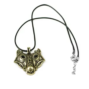 Nordic Viking wolf head pendant necklace in antique gold alloy with black leather cord