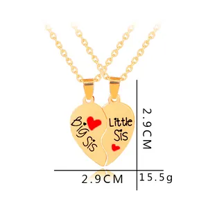 Golden Big Sis Little Sis heart pendant necklaces with dimensions and weight info