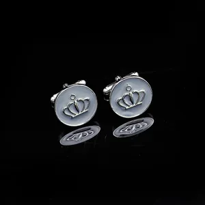 Silver crown cufflinks with light blue enamel inlay and T-bar fastening for men