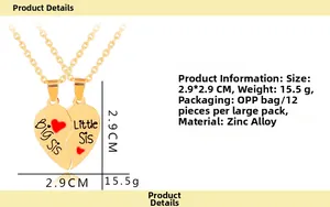 Detail of Big Sis Little Sis gold heart split pendant necklace set in zinc alloy