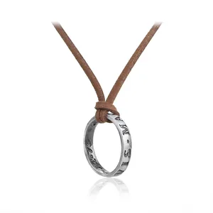 Retro stainless steel ring necklace with engraved industrial design and leather cord